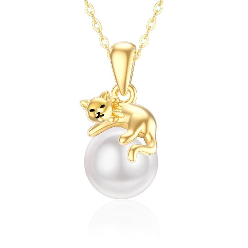 14K Gold Pearl Cat Pendant Necklace-1