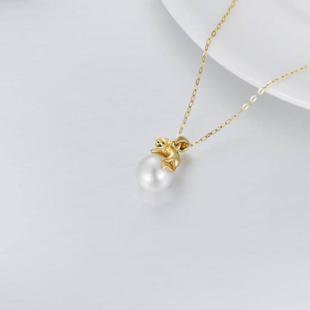 14K Gold Pearl Cat Pendant Necklace-3