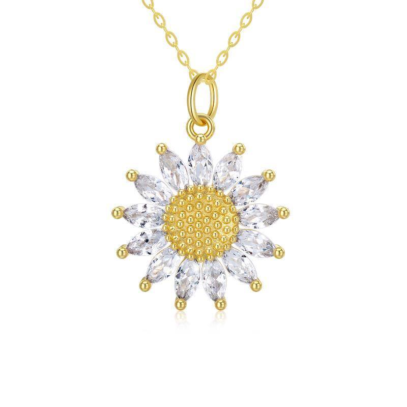 9K Gold Marquise Shaped Cubic Zirconia Sunflower Pendant Necklace-1