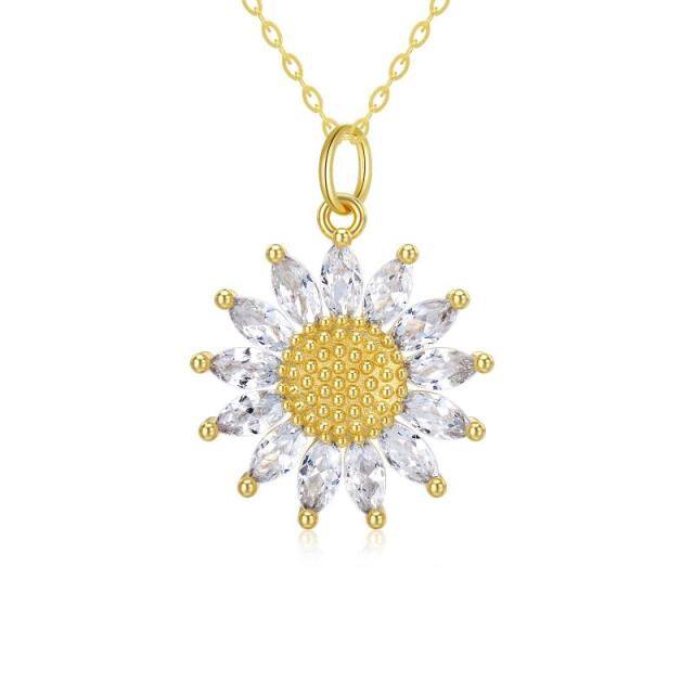 9K Gold Marquise Shaped Cubic Zirconia Sunflower Pendant Necklace-0