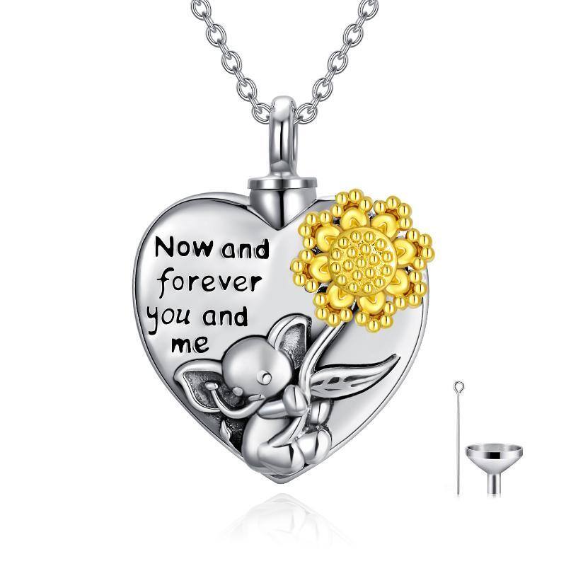 Sterling Silver Elephant & Sunflower & Heart Urn Necklace for Ashes with Engraved Word-1