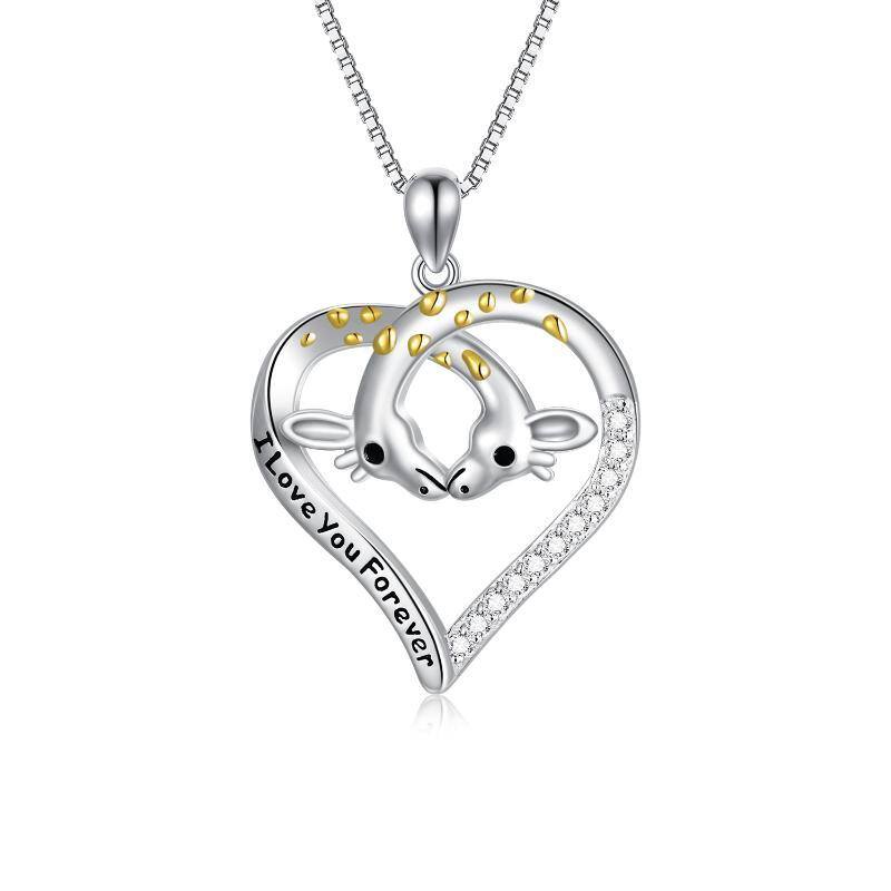 Sterling Silver Two-tone Circular Shaped Cubic Zirconia Giraffe Pendant Necklace with Engraved Word-1