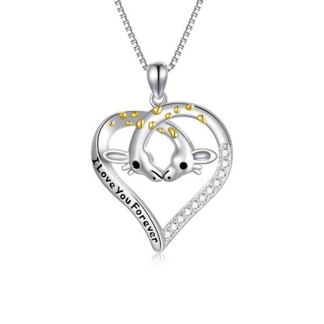 Sterling Silver Two-tone Circular Shaped Cubic Zirconia Giraffe Pendant Necklace with Engraved Word-0