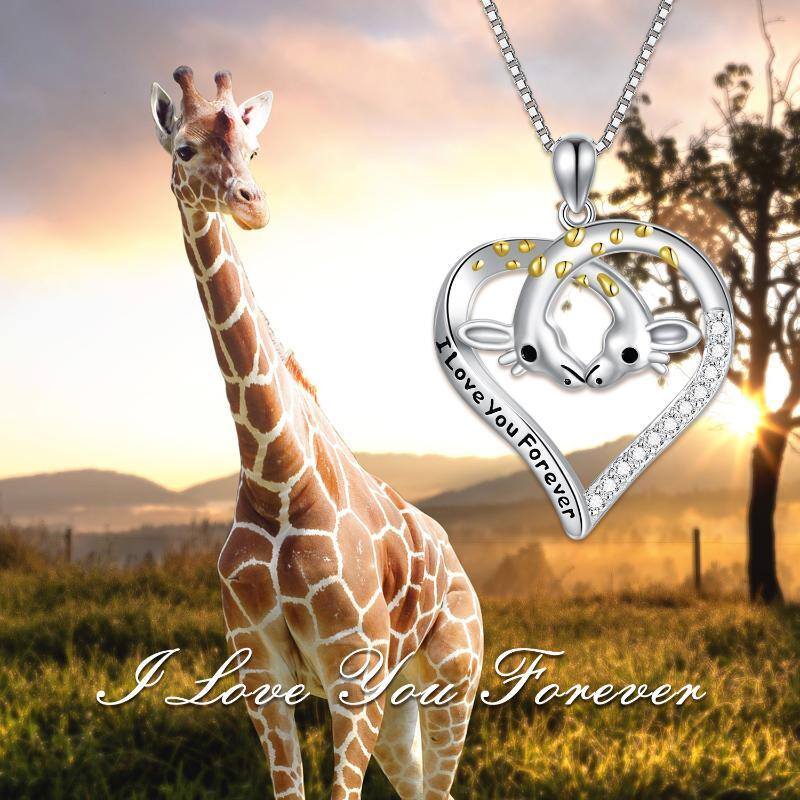 Sterling Silver Two-tone Circular Shaped Cubic Zirconia Giraffe Pendant Necklace with Engraved Word-6