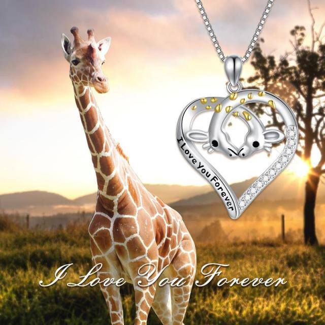 Sterling Silver Two-tone Circular Shaped Cubic Zirconia Giraffe Pendant Necklace with Engraved Word-5