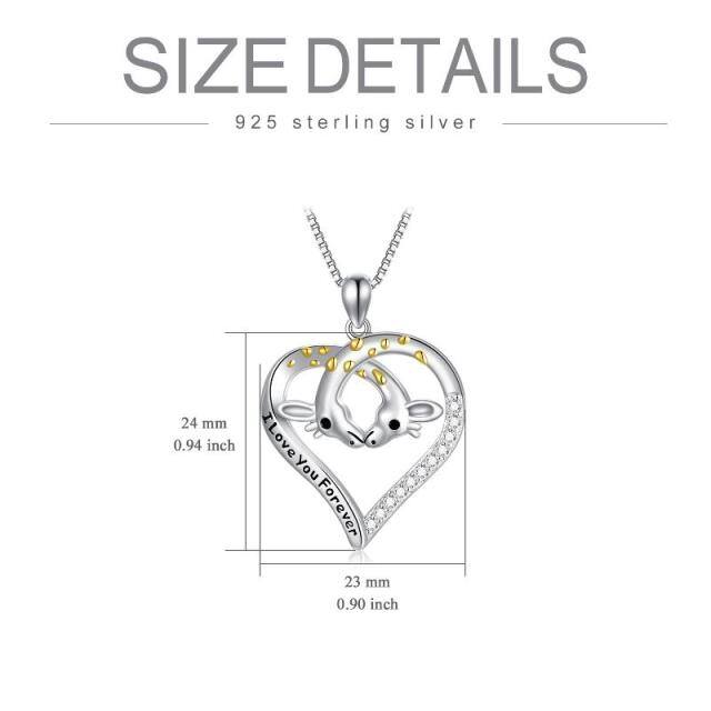 Sterling Silver Two-tone Circular Shaped Cubic Zirconia Giraffe Pendant Necklace with Engraved Word-4