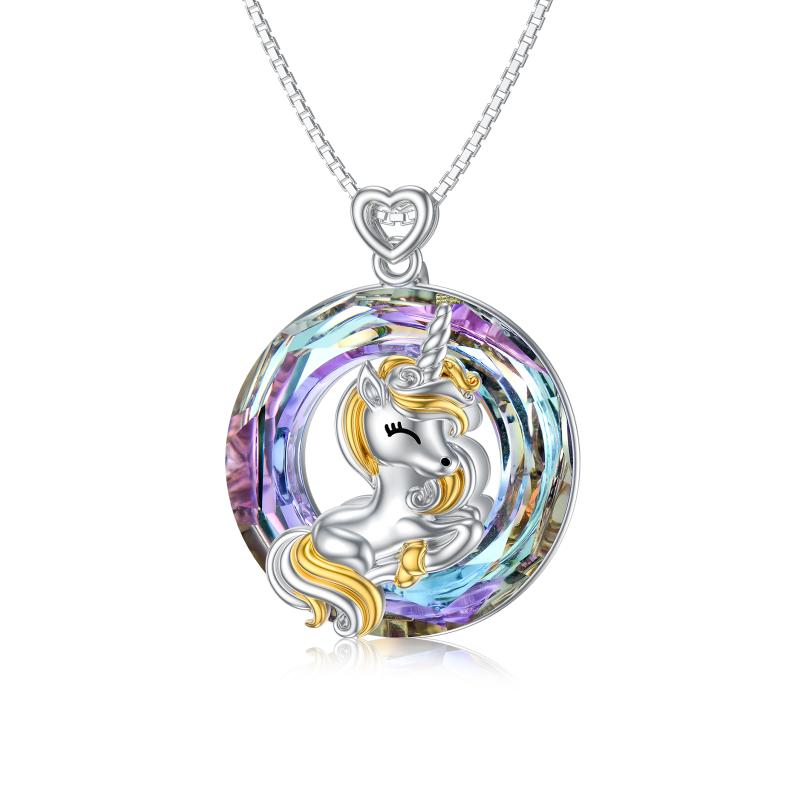 Unicorn Necklace with Purple Circle Crystal in Sterling Silver