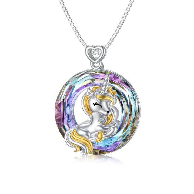 Sterling Silver Two-tone Crystal Unicorn Pendant Necklace-0