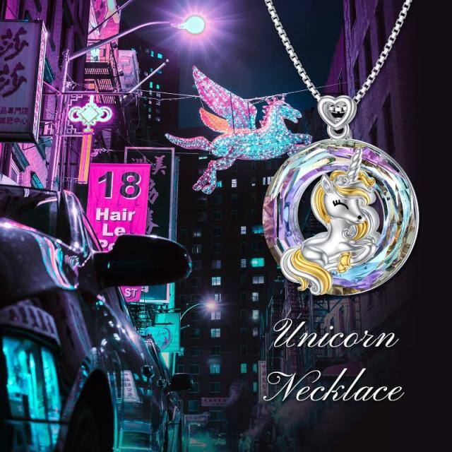 Sterling Silver Two-tone Crystal Unicorn Pendant Necklace-2