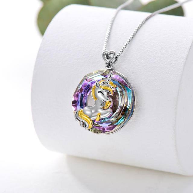 Sterling Silver Two-tone Crystal Unicorn Pendant Necklace-3