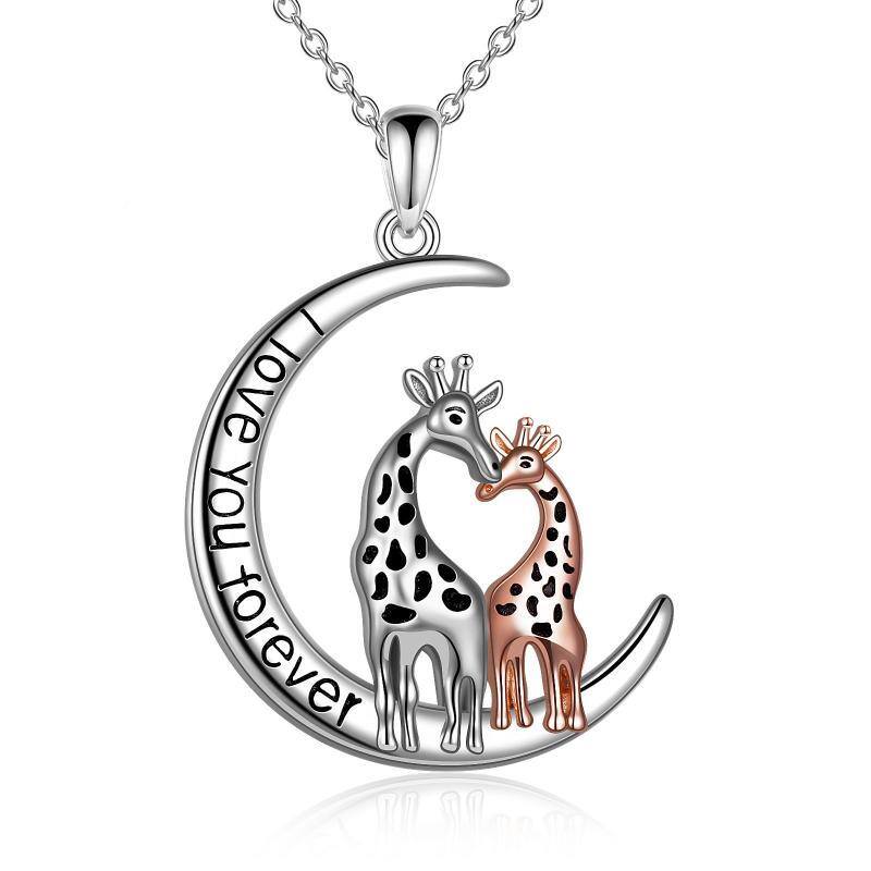 Sterling Silver Two-tone Giraffe & Moon Pendant Necklace-1