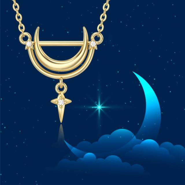 Colar de ouro 14k Moissanite Crescent Y 'Lua com pingente de luz de estrela-5