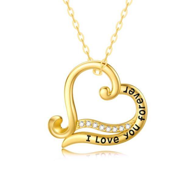 14K Gold Moissanite Heart Pendant Necklace with Engraved Word-0