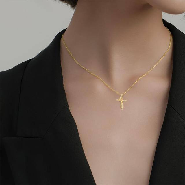 14K Gold Cubic Zirconia Cross Pendant Necklace-1