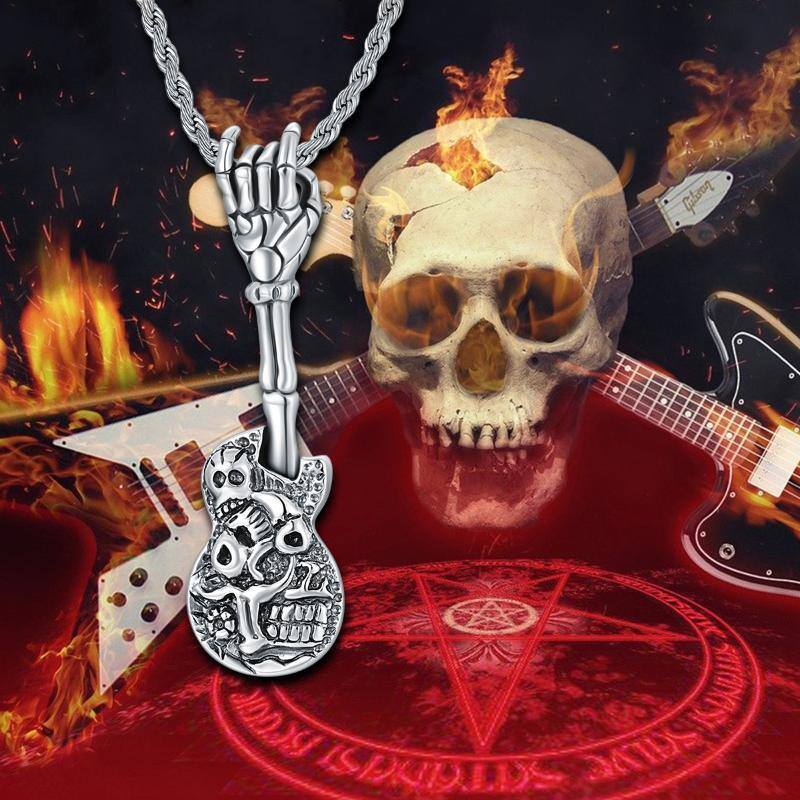 Sterling Silver Guitar & Skull Pendant Necklace-8