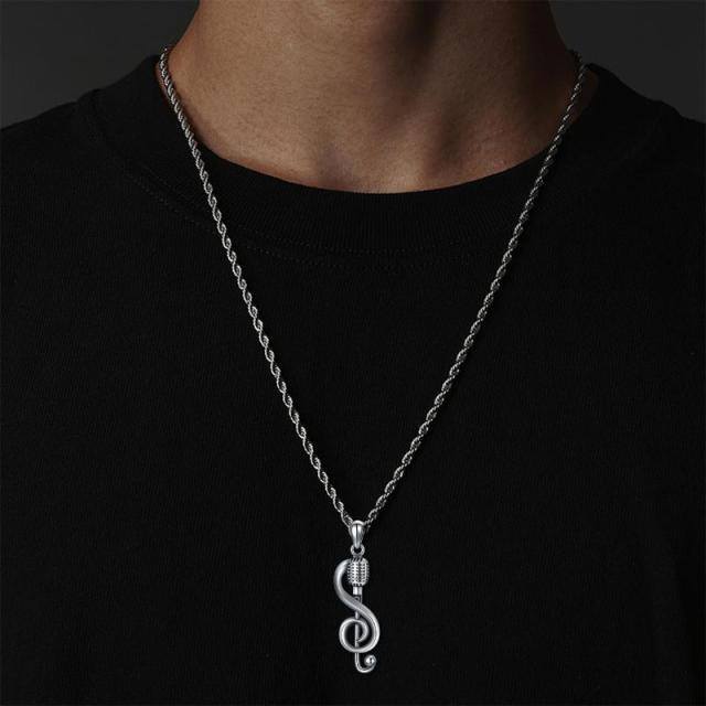 Sterling Silver Music Symbol & Microphone Pendant Necklace-1
