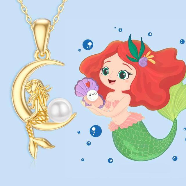 14K Gold Circular Shaped Pearl Mermaid & Moon Pendant Necklace-4