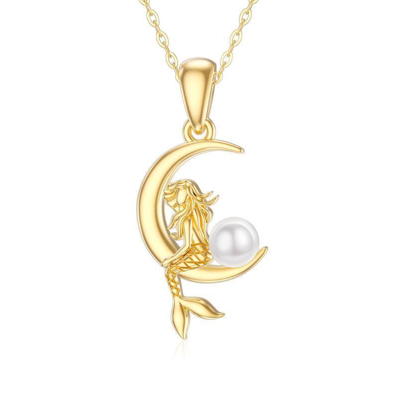 14K Gold kreisförmig Perle Meerjungfrau & Mond Anhänger Halskette-1