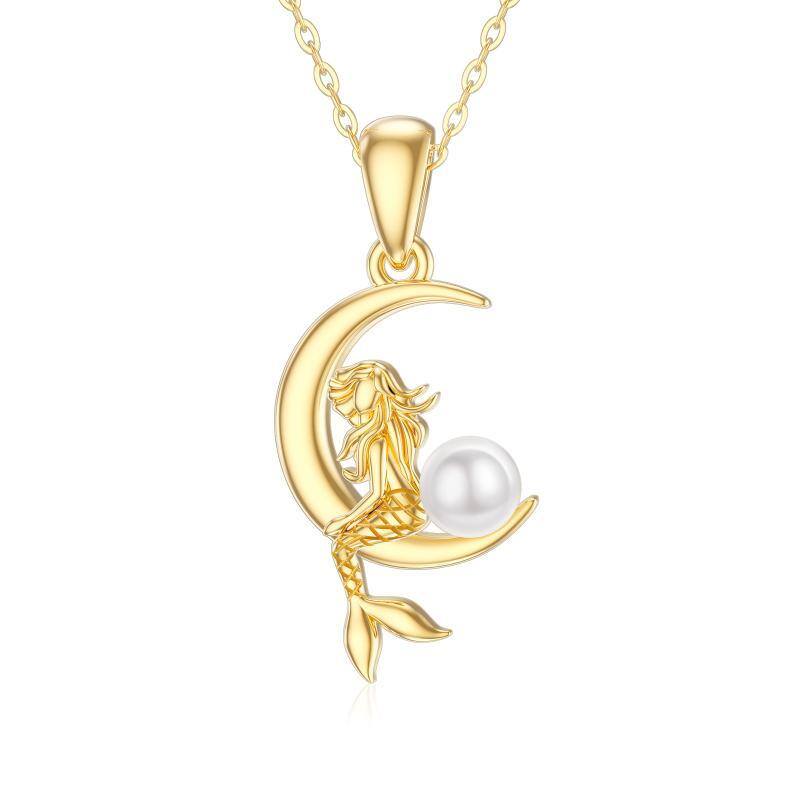 14K Gold Circular Shaped Pearl Mermaid & Moon Pendant Necklace-1