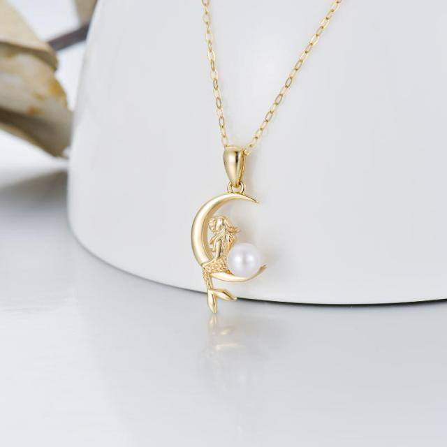 14K Gold Circular Shaped Pearl Mermaid & Moon Pendant Necklace-2