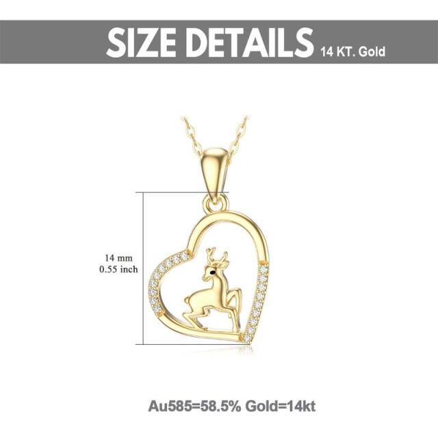 Collana con ciondolo a cuore e alce con zirconia cubica in oro 14K-6