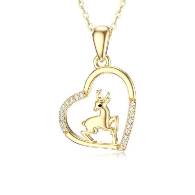 Collana con ciondolo a cuore e alce con zirconia cubica in oro 14K-1