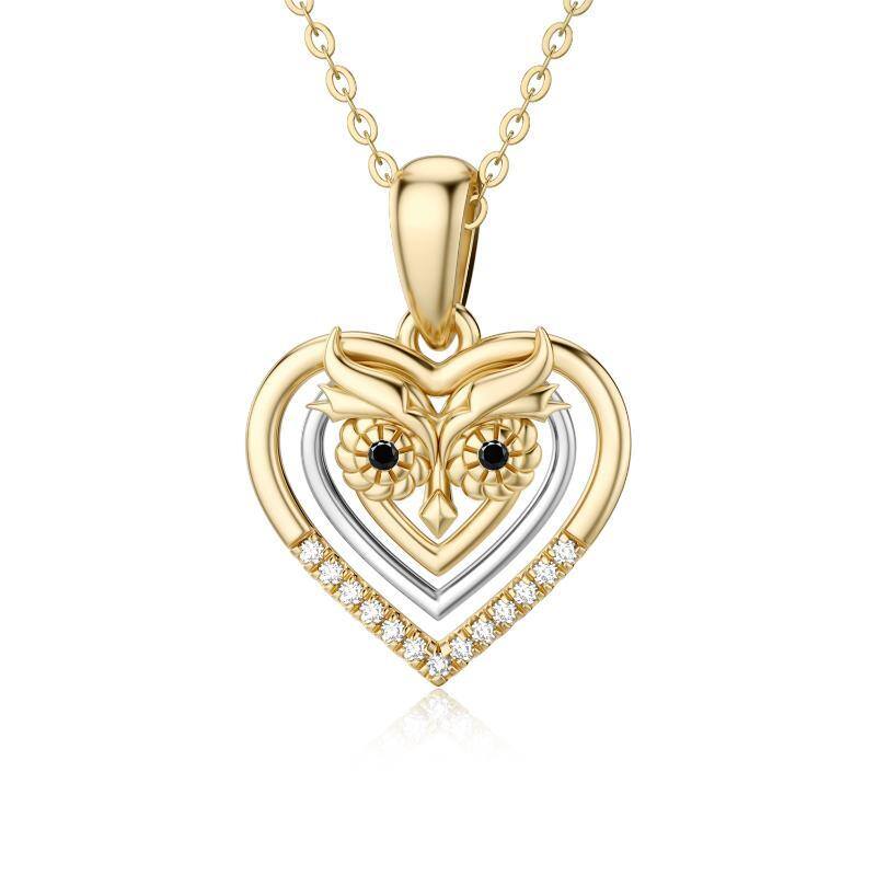 14K White Gold & Yellow Gold Owl & Heart Pendant Necklace-1
