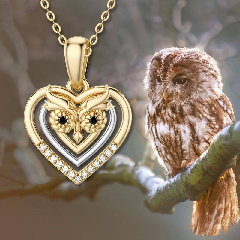 14K White Gold & Yellow Gold Owl & Heart Pendant Necklace-6