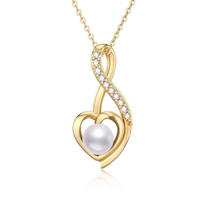 9K Gold Perle & Cubic Zirkonia Herz & Unendlichkeit Symbol Anhänger Halskette-1