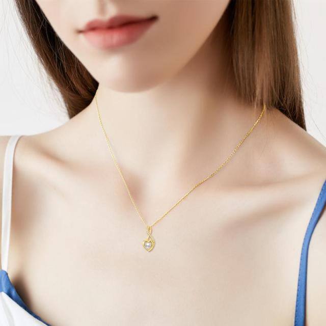 14K Gold Pearl Heart & Ribbon Pendant Necklace-1