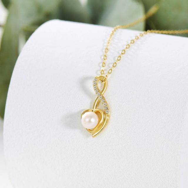 14K Gold Pearl Heart & Ribbon Pendant Necklace-2