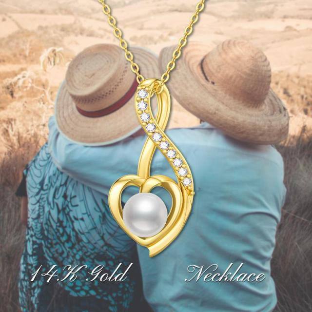 14K Gold Pearl Heart & Ribbon Pendant Necklace-3