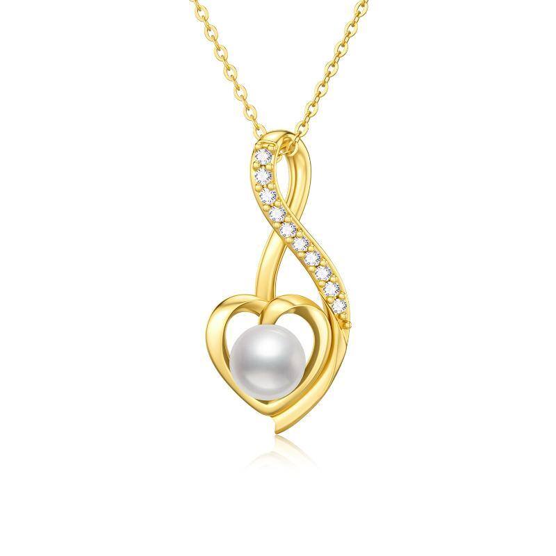14K Gold Pearl Heart & Ribbon Pendant Necklace-1