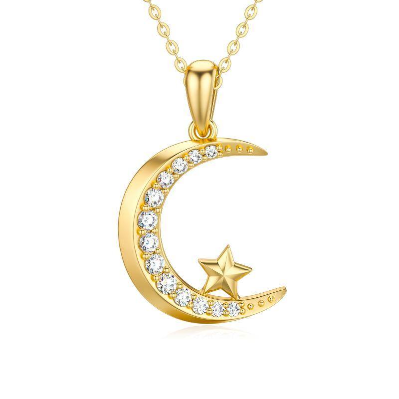 14K Gold Cubic Zirconia Moon & Star Pendant Necklace-1
