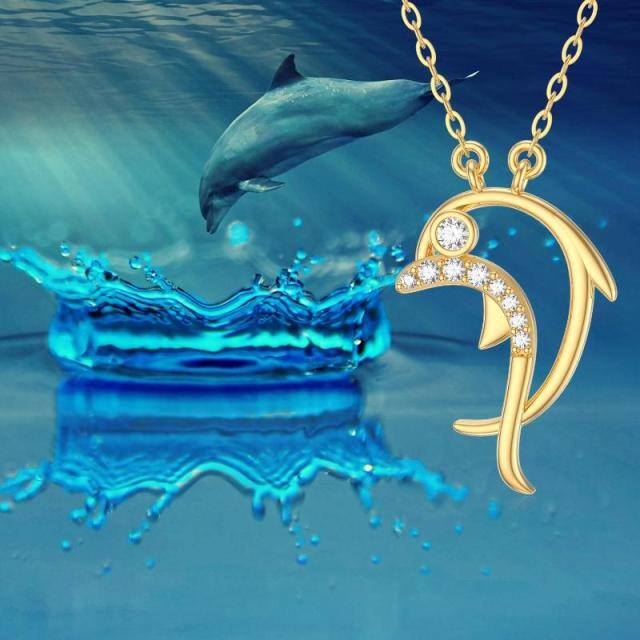 14K Gold Cubic Zirconia Dolphin Pendant Necklace-5