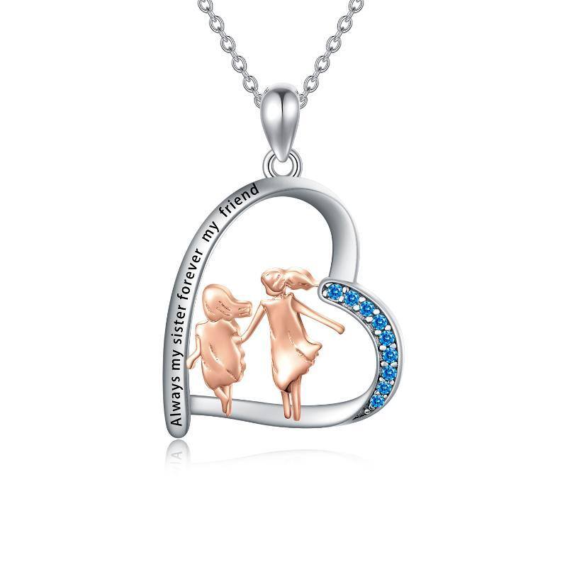 Sterling Silver Two-tone Circular Shaped Cubic Zirconia Sisters & Heart Pendant Necklace with Engraved Word-1