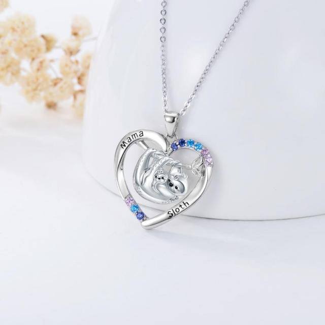 Sterling Silver Cubic Zirconia Mama Sloth Heart Pendant Necklace-2