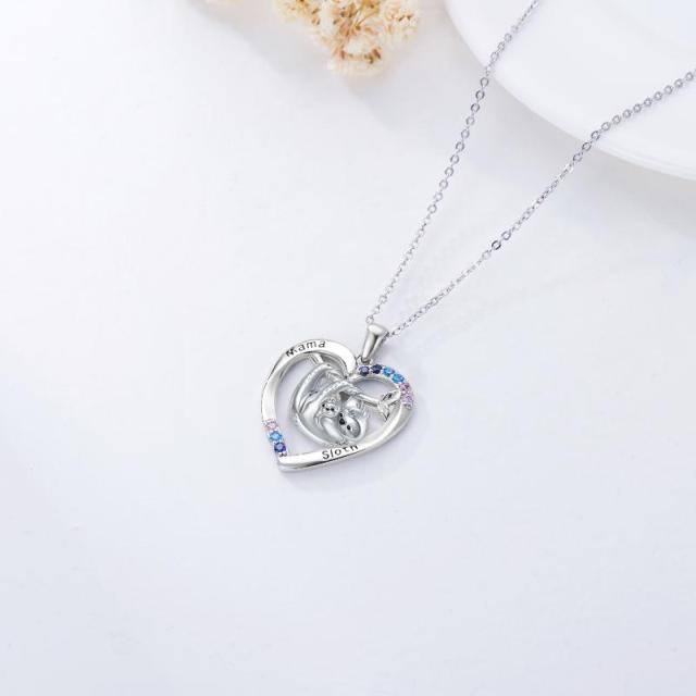 Sterling Silver Cubic Zirconia Mama Sloth Heart Pendant Necklace-3