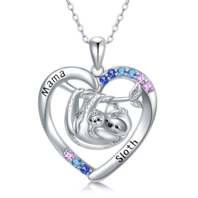 Sterling Silver Cubic Zirconia Mama Sloth Heart Pendant Necklace-0