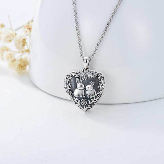 Sterling Silver Rabbit & Heart Personalized Photo Locket Necklace with Engraved Word-2