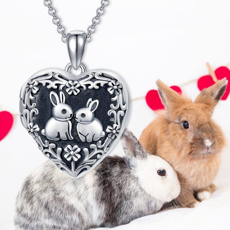 Sterling Silver Rabbit & Heart Personalized Photo Locket Necklace with Engraved Word-8