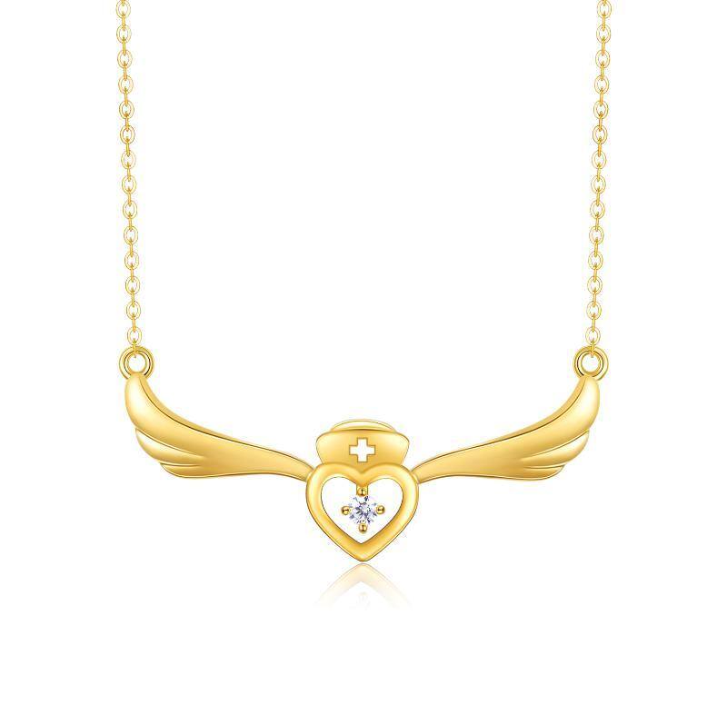 14K Gold Cubic Zirkonia Engel Flügel & Herz Anhänger Halskette-1
