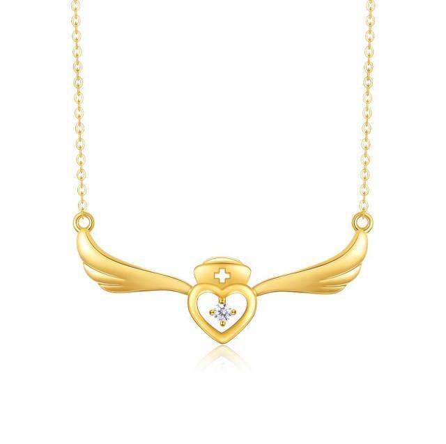 14K Gold Cubic Zirconia Angel Wing & Heart Pendant Necklace-0