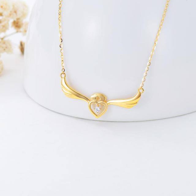 14K Gold Cubic Zirconia Angel Wing & Heart Pendant Necklace-3