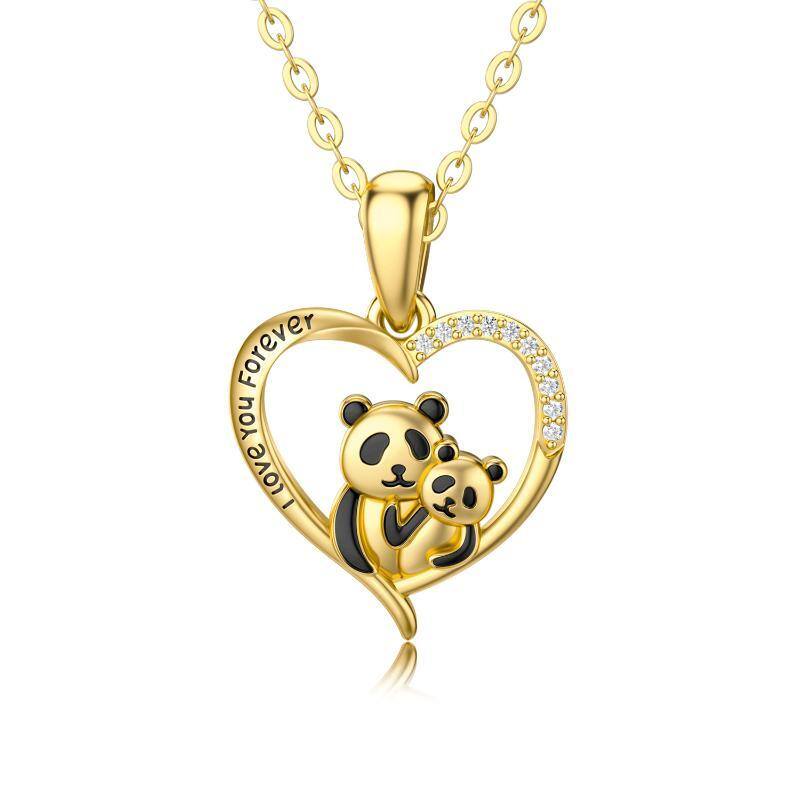 14K Gold Cubic Zirconia Panda & Heart Pendant Necklace with Engraved Word-1