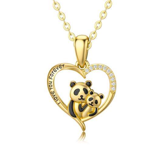 Collana con ciondolo a cuore e panda con zirconia cubica in oro 14K con parola incisa