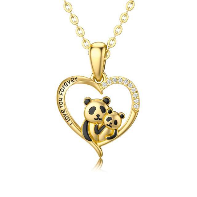 14K Gold Cubic Zirconia Panda & Heart Pendant Necklace with Engraved Word-3