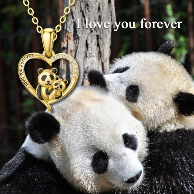 14K Gold Cubic Zirconia Panda & Heart Pendant Necklace with Engraved Word-4