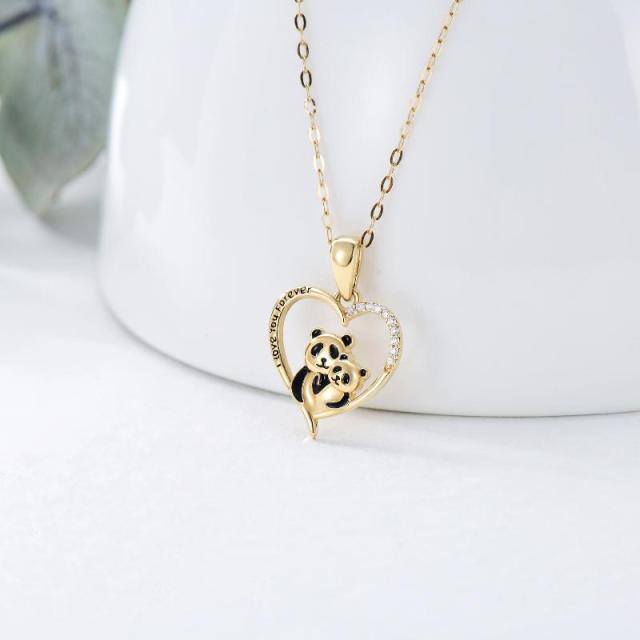 14K Gold Cubic Zirconia Panda & Heart Pendant Necklace with Engraved Word-2