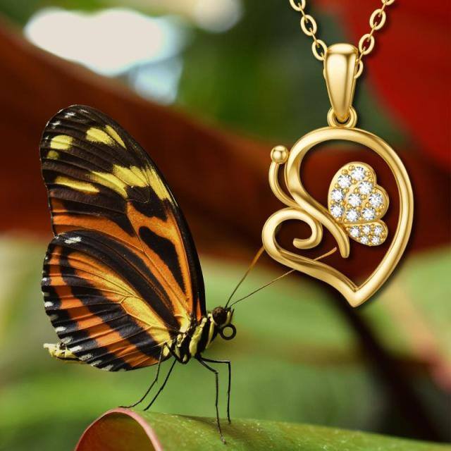 Colares de moissanite com pingente de coração de borboleta em ouro maciço 14k para mulheres-4
